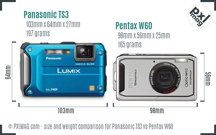 Panasonic TS3 vs Pentax W60 size comparison