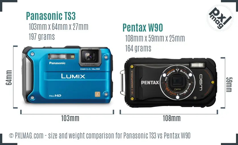 Panasonic TS3 vs Pentax W90 size comparison