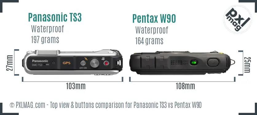 Panasonic TS3 vs Pentax W90 top view buttons comparison