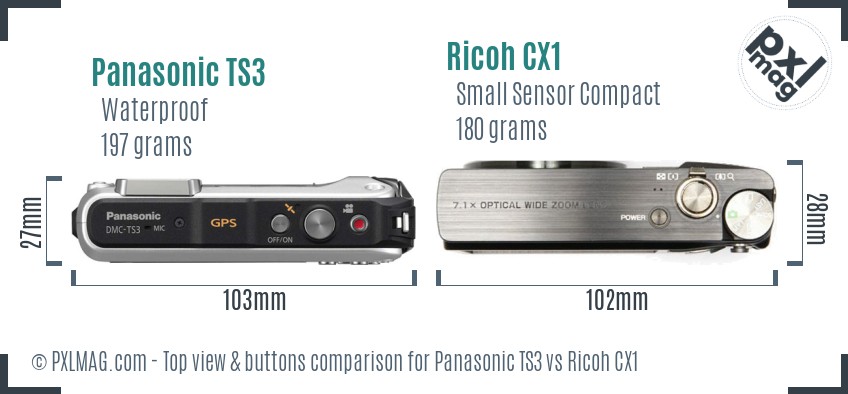 Panasonic TS3 vs Ricoh CX1 top view buttons comparison