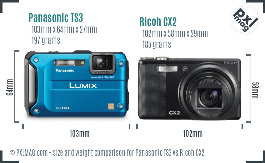 Panasonic TS3 vs Ricoh CX2 size comparison