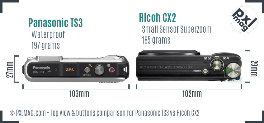 Panasonic TS3 vs Ricoh CX2 top view buttons comparison