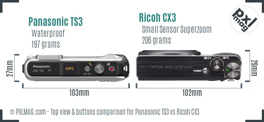 Panasonic TS3 vs Ricoh CX3 top view buttons comparison