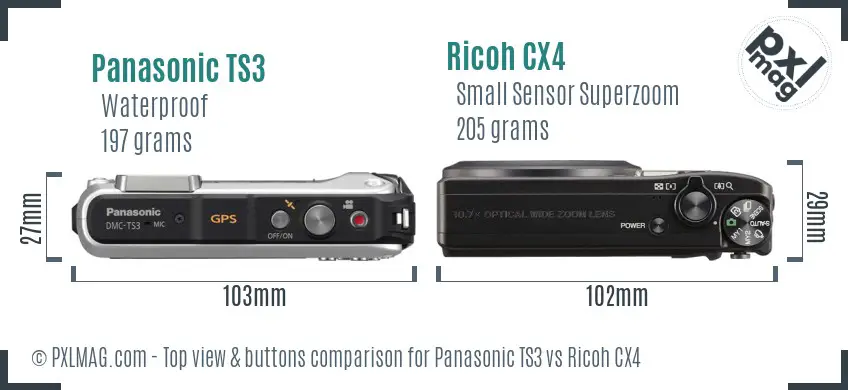 Panasonic TS3 vs Ricoh CX4 top view buttons comparison