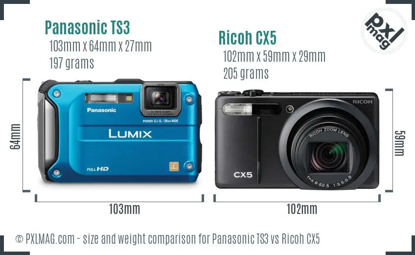 Panasonic TS3 vs Ricoh CX5 size comparison Panasonic TS3 vs Ricoh CX5 size comparison