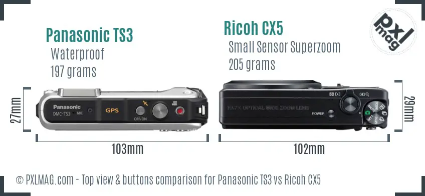 Panasonic TS3 vs Ricoh CX5 top view buttons comparison Panasonic TS3 vs Ricoh CX5 top view buttons comparison