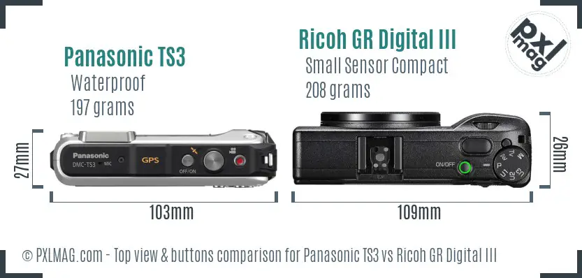 Panasonic TS3 vs Ricoh GR Digital III top view buttons comparison Panasonic TS3 vs Ricoh GR Digital III top view buttons comparison