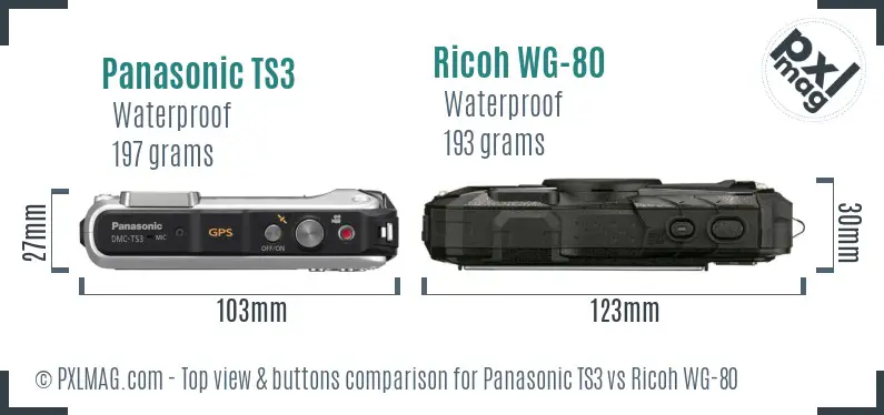 Panasonic TS3 vs Ricoh WG-80 top view buttons comparison Panasonic TS3 vs Ricoh WG-80 top view buttons comparison