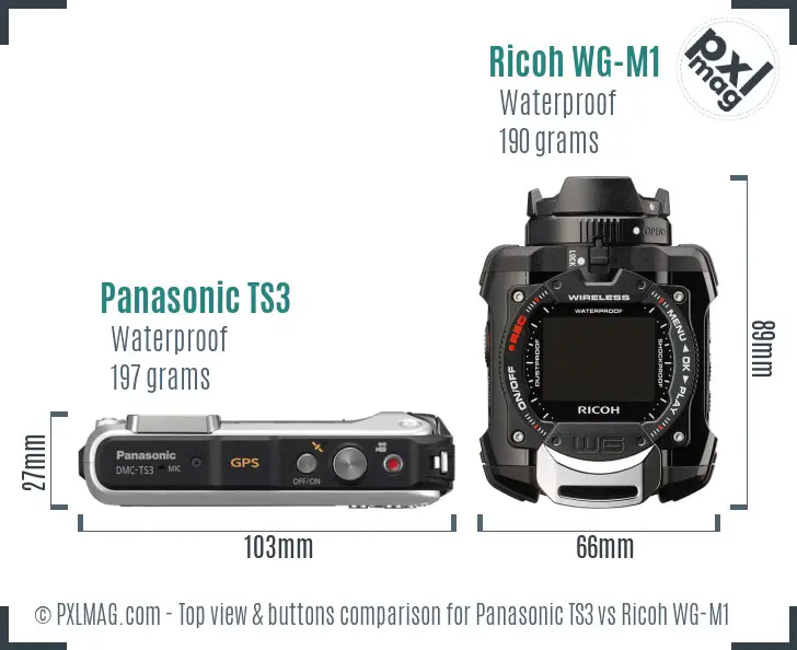 Panasonic TS3 vs Ricoh WG-M1 top view buttons comparison