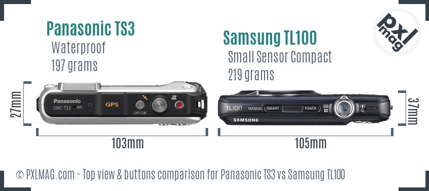 Panasonic TS3 vs Samsung TL100 top view buttons comparison