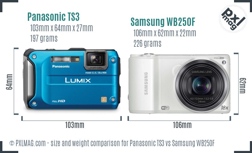 Panasonic TS3 vs Samsung WB250F size comparison