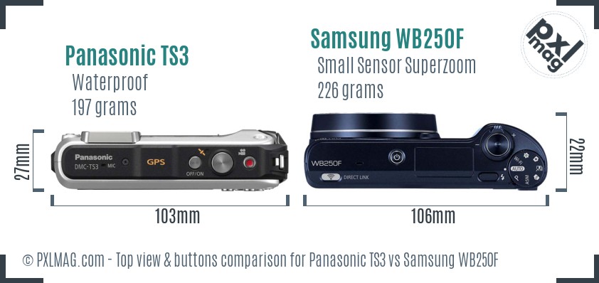Panasonic TS3 vs Samsung WB250F top view buttons comparison