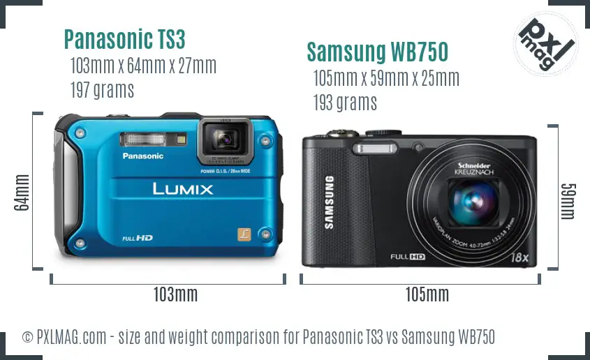 Panasonic TS3 vs Samsung WB750 size comparison
