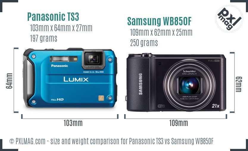 Panasonic TS3 vs Samsung WB850F size comparison