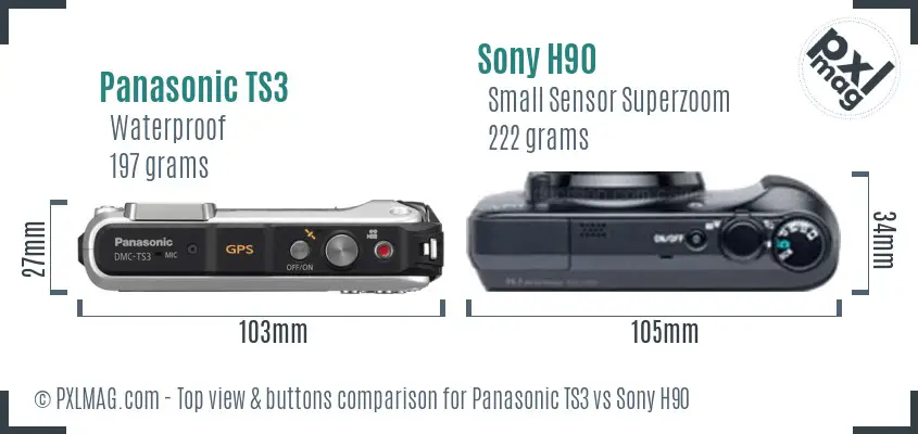 Panasonic TS3 vs Sony H90 top view buttons comparison Panasonic TS3 vs Sony H90 top view buttons comparison