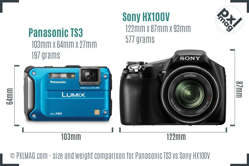 Panasonic TS3 vs Sony HX100V size comparison