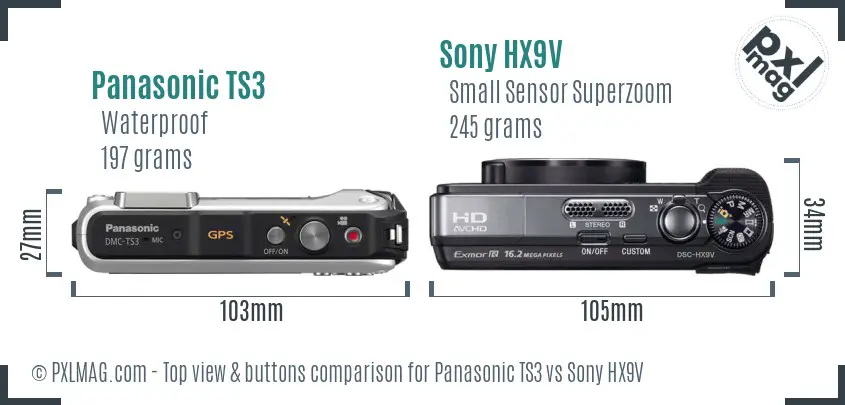 Panasonic TS3 vs Sony HX9V top view buttons comparison