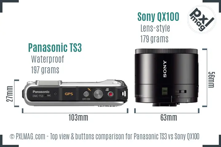 Panasonic TS3 vs Sony QX100 top view buttons comparison Panasonic TS3 vs Sony QX100 top view buttons comparison