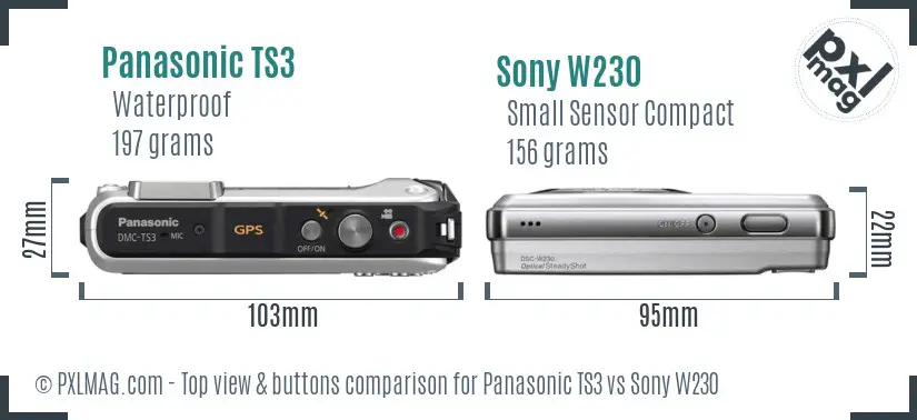 Panasonic TS3 vs Sony W230 top view buttons comparison Panasonic TS3 vs Sony W230 top view buttons comparison