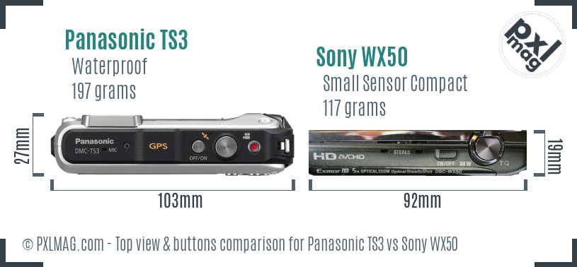 Panasonic TS3 vs Sony WX50 top view buttons comparison
