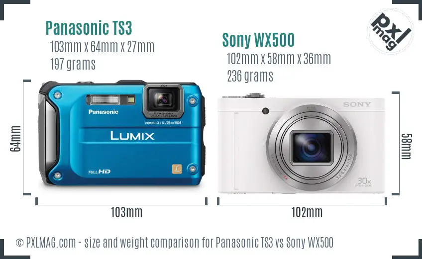 Panasonic TS3 vs Sony WX500 size comparison
