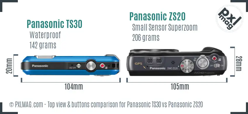 Panasonic TS30 vs Panasonic ZS20 top view buttons comparison