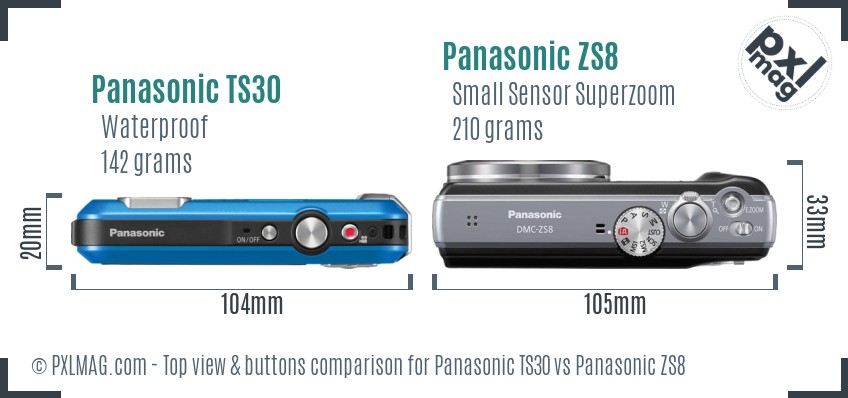 Panasonic TS30 vs Panasonic ZS8 top view buttons comparison