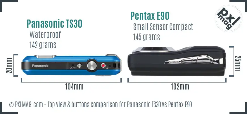 Panasonic TS30 vs Pentax E90 top view buttons comparison