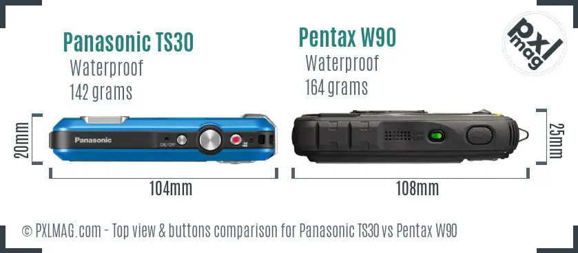 Panasonic TS30 vs Pentax W90 top view buttons comparison