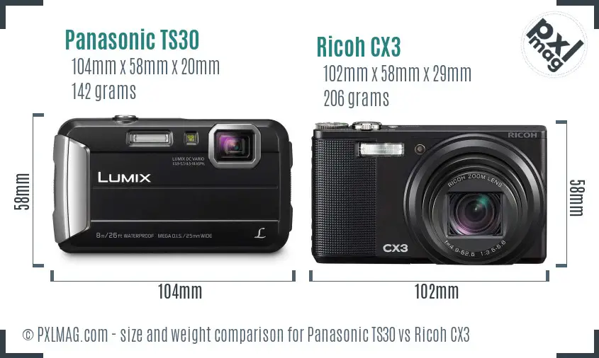 Panasonic TS30 vs Ricoh CX3 size comparison