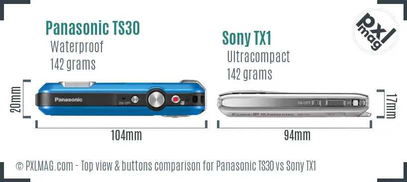 Panasonic TS30 vs Sony TX1 top view buttons comparison Panasonic TS30 vs Sony TX1 top view buttons comparison