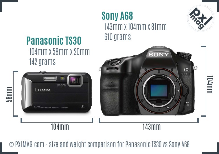 Panasonic TS30 vs Sony A68 size comparison