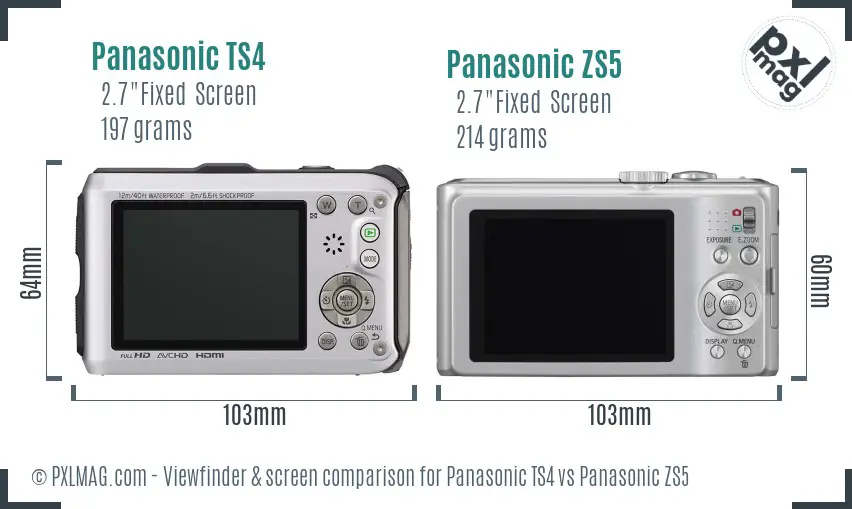 Panasonic TS4 vs Panasonic ZS5 Screen and Viewfinder comparison