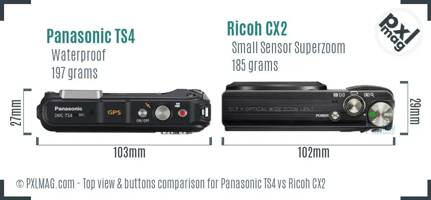 Panasonic TS4 vs Ricoh CX2 top view buttons comparison