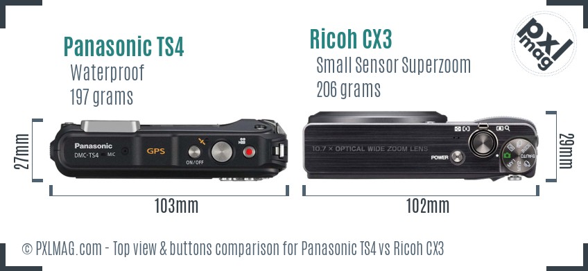 Panasonic TS4 vs Ricoh CX3 top view buttons comparison