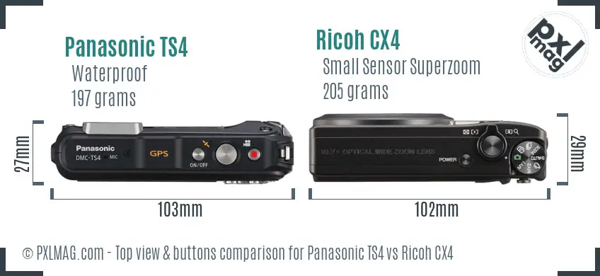Panasonic TS4 vs Ricoh CX4 top view buttons comparison