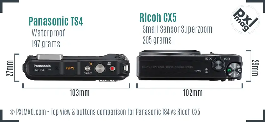 Panasonic TS4 vs Ricoh CX5 top view buttons comparison