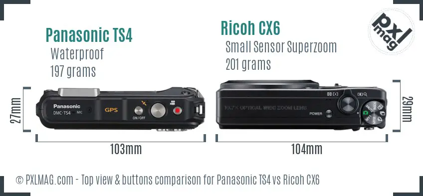 Panasonic TS4 vs Ricoh CX6 top view buttons comparison