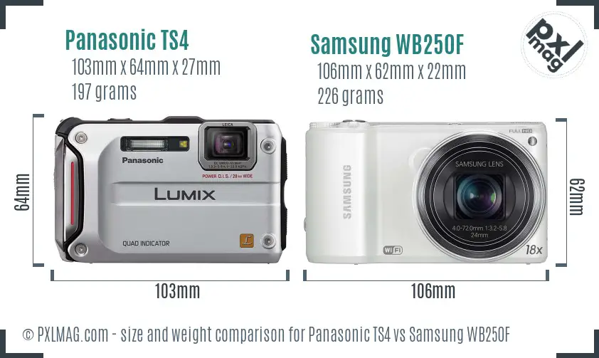 Panasonic TS4 vs Samsung WB250F size comparison