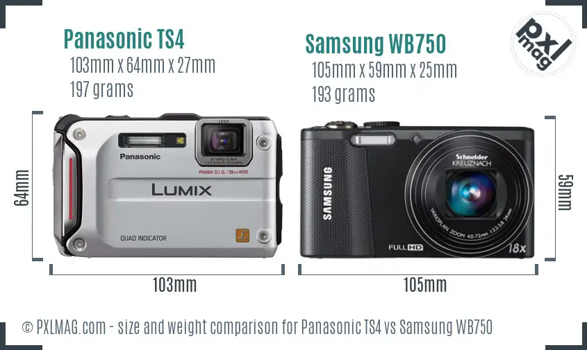 Panasonic TS4 vs Samsung WB750 size comparison