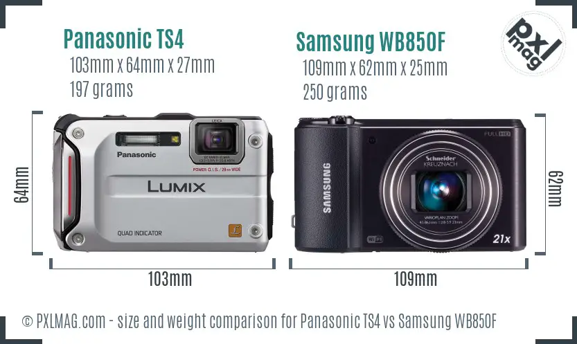 Panasonic TS4 vs Samsung WB850F size comparison