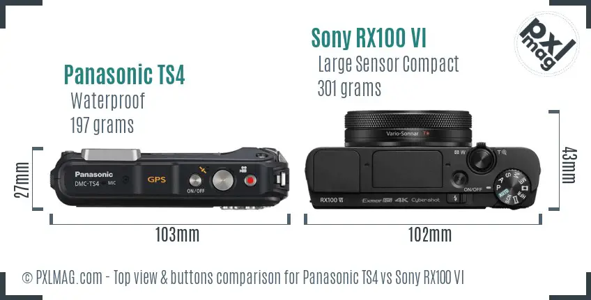 Panasonic TS4 vs Sony RX100 VI top view buttons comparison Panasonic TS4 vs Sony RX100 VI top view buttons comparison