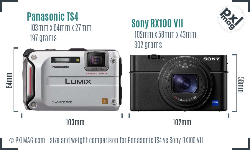 Panasonic TS4 vs Sony RX100 VII size comparison