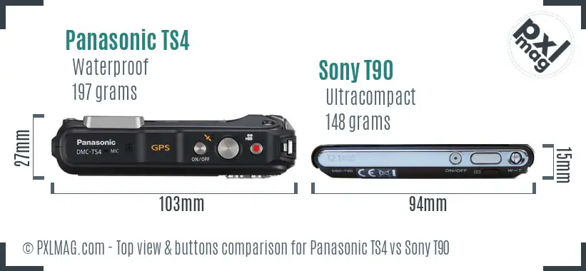 Panasonic TS4 vs Sony T90 top view buttons comparison