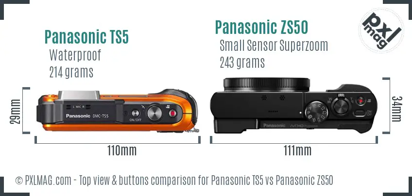 Panasonic TS5 vs Panasonic ZS50 top view buttons comparison