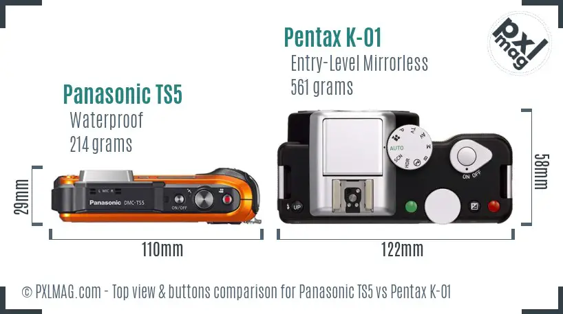 Panasonic TS5 vs Pentax K-01 top view buttons comparison