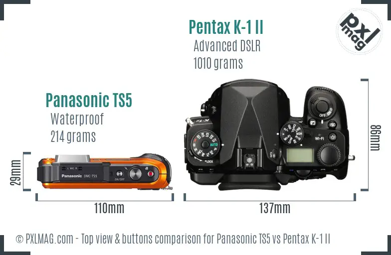 Panasonic TS5 vs Pentax K-1 II top view buttons comparison