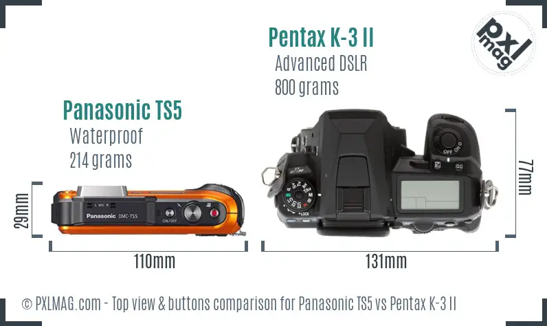 Panasonic TS5 vs Pentax K-3 II top view buttons comparison