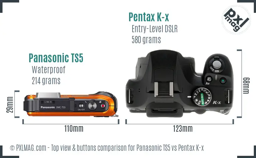 Panasonic TS5 vs Pentax K-x top view buttons comparison