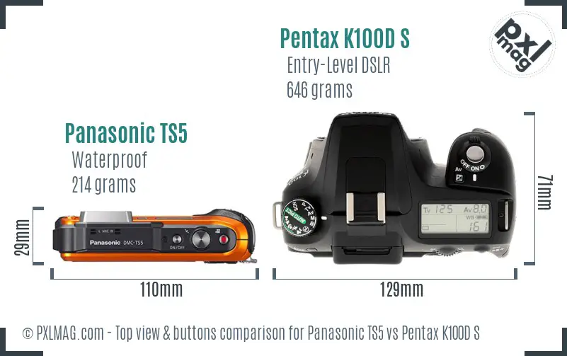 Panasonic TS5 vs Pentax K100D S top view buttons comparison